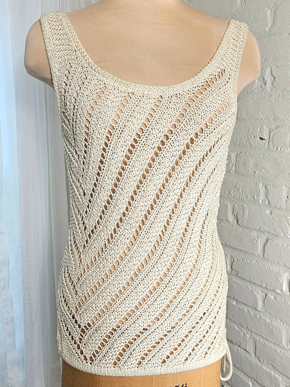Calvin Klein Crochet Knit Tank Top Ivory Open Knit Tie Waist Size S